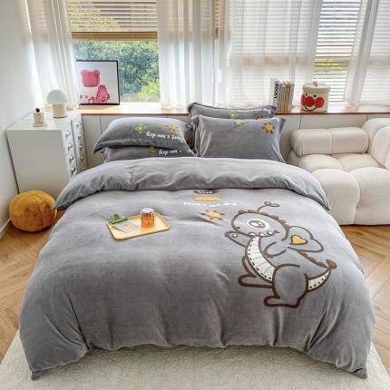 91家纺网 家纺一手货源 找家纺 其奥 2022新款大版可爱小清晰毛巾绣牛奶绒四件套 泡泡龙灰