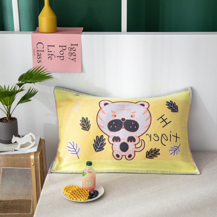 91家纺网 家纺一手货源 找家纺 朴尔 2022新款十二生肖定位大版花全棉四层纱布枕巾（一对） 威风虎（40*60儿童）