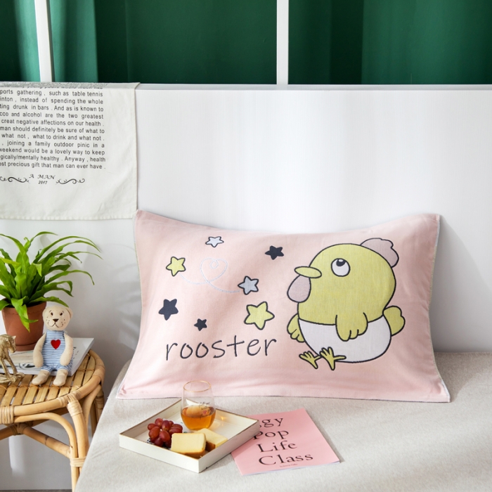 91家纺网 家纺一手货源 找家纺 朴尔 2022新款十二生肖定位大版花全棉四层纱布枕巾（一对） 仔仔鸡（53*78成人）