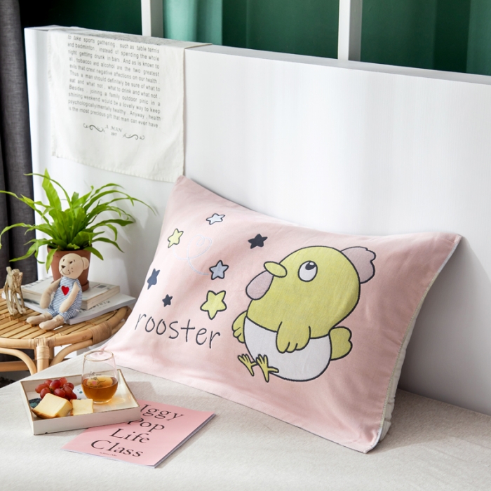 91家纺网 家纺一手货源 找家纺 朴尔 2022新款十二生肖定位大版花全棉四层纱布枕巾（一对） 仔仔鸡（53*78成人）