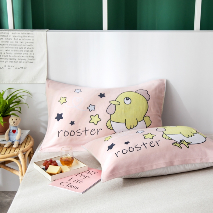 91家纺网 家纺一手货源 找家纺 朴尔 2022新款十二生肖定位大版花全棉四层纱布枕巾（一对） 仔仔鸡（53*78成人）