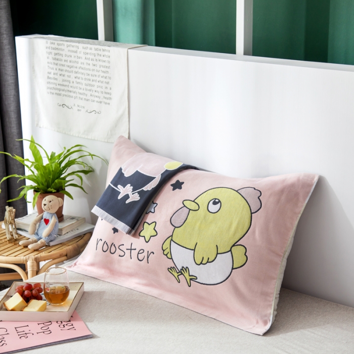 91家纺网 家纺一手货源 找家纺 朴尔 2022新款十二生肖定位大版花全棉四层纱布枕巾（一对） 仔仔鸡（53*78成人）