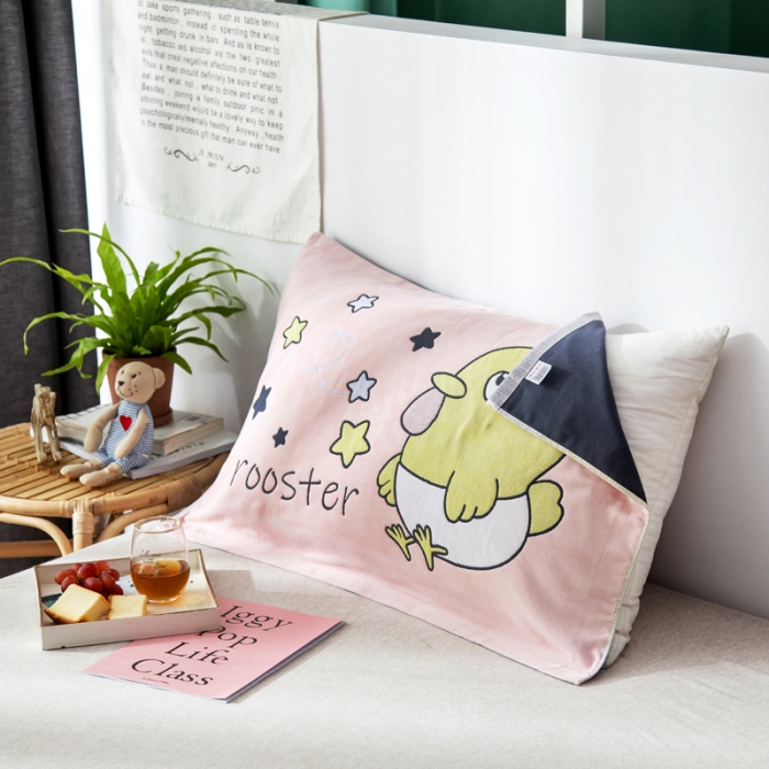 91家纺网 家纺一手货源 找家纺 朴尔 2022新款十二生肖定位大版花全棉四层纱布枕巾（一对） 仔仔鸡（53*78成人）