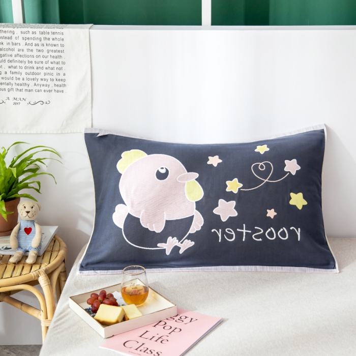 91家纺网 家纺一手货源 找家纺 朴尔 2022新款十二生肖定位大版花全棉四层纱布枕巾（一对） 仔仔鸡（53*78成人）