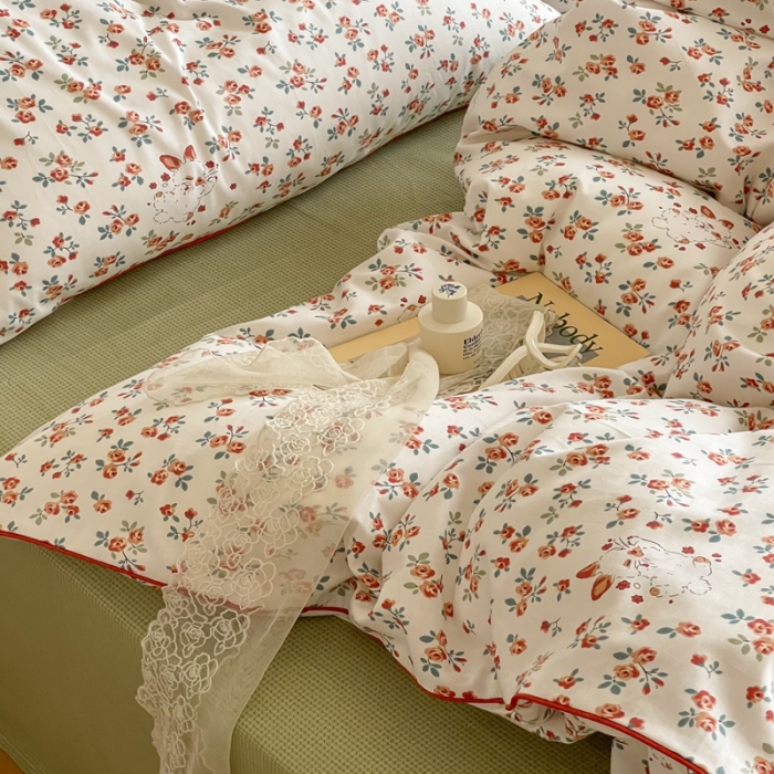 91家纺网 家纺一手货源 找家纺 顾里家纺 2023新款法式复古嵌绳全棉四件套 安妮兔