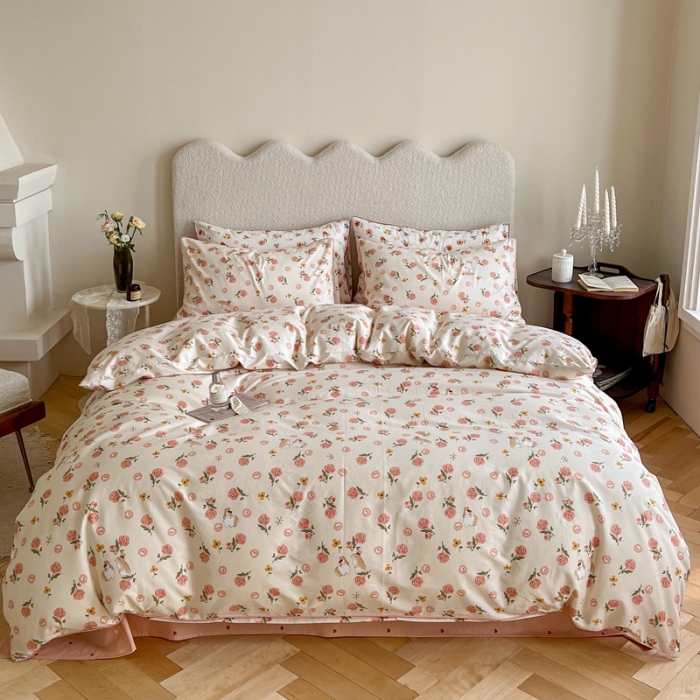 91家纺网 家纺一手货源 找家纺 顾里家纺 2023新款法式复古嵌绳全棉四件套 花园小兔