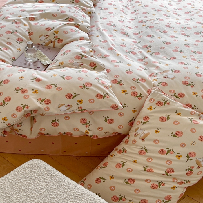 91家纺网 家纺一手货源 找家纺 顾里家纺 2023新款法式复古嵌绳全棉四件套 花园小兔