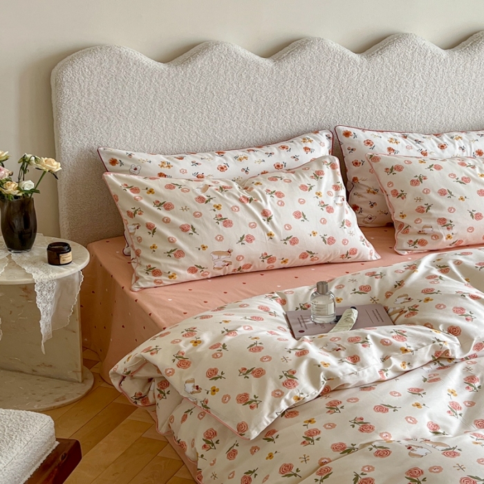 91家纺网 家纺一手货源 找家纺 顾里家纺 2023新款法式复古嵌绳全棉四件套 花园小兔