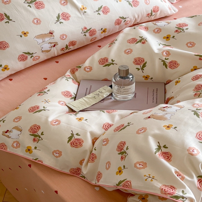 91家纺网 家纺一手货源 找家纺 顾里家纺 2023新款法式复古嵌绳全棉四件套 花园小兔