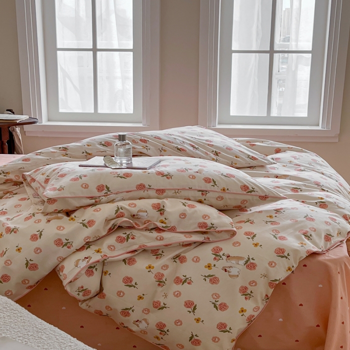 91家纺网 家纺一手货源 找家纺 顾里家纺 2023新款法式复古嵌绳全棉四件套 花园小兔