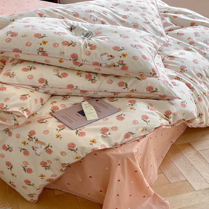 91家纺网 家纺一手货源 找家纺 顾里家纺 2023新款法式复古嵌绳全棉四件套 花园小兔