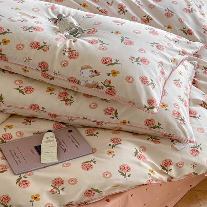 91家纺网 家纺一手货源 找家纺 顾里家纺 2023新款法式复古嵌绳全棉四件套 花园小兔