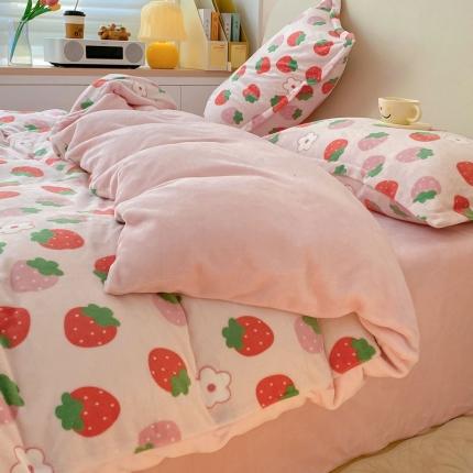 91家纺网 家纺一手货源 找家纺 川悦生活 2022供货高克重小清新牛奶绒印花四件套 草莓小兔