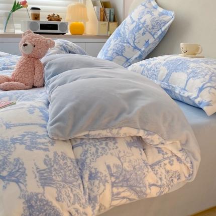 91家纺网 家纺一手货源 找家纺 川悦生活 2022供货高克重小清新牛奶绒印花四件套 仙境传说