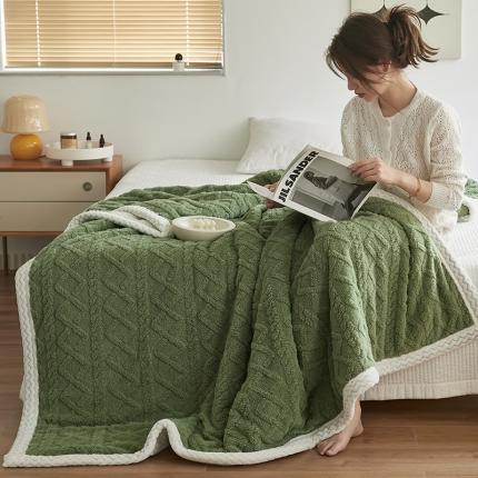 暖暖-2022加厚塔芙绒贝贝绒三层夹棉绗绣毛毯盖毯子绿茶+白