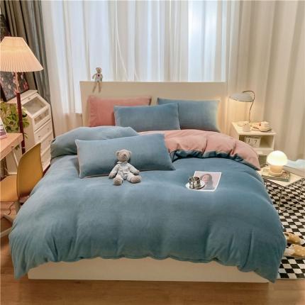 91家纺网 家纺一手货源 找家纺 古吉梦2022纯色双拼牛奶绒四件套 双拼牛奶绒-宾利蓝+藕粉