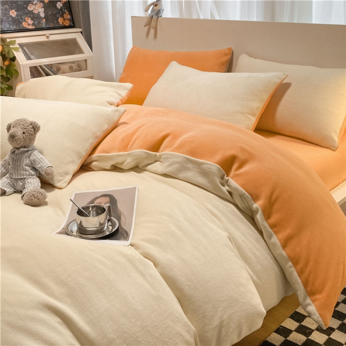 91家纺网 家纺一手货源 找家纺 古吉梦2022款+纯色双拼牛奶绒四件套双拼牛奶绒-奶黄+橘黄