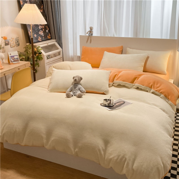 91家纺网 家纺一手货源 找家纺 古吉梦2022款+纯色双拼牛奶绒四件套双拼牛奶绒-奶黄+橘黄