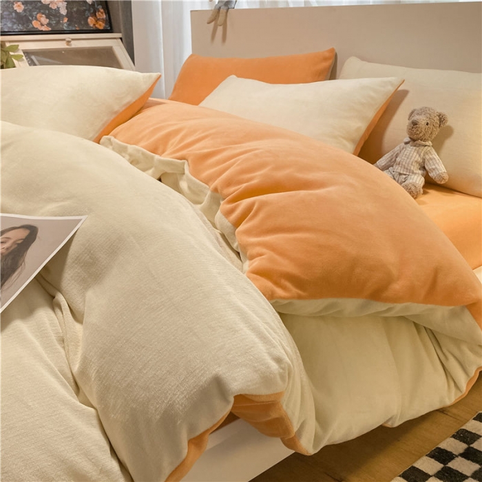 91家纺网 家纺一手货源 找家纺 古吉梦2022款+纯色双拼牛奶绒四件套双拼牛奶绒-奶黄+橘黄