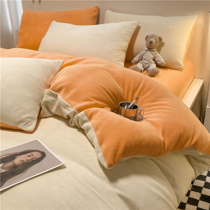 91家纺网 家纺一手货源 找家纺 古吉梦2022款+纯色双拼牛奶绒四件套双拼牛奶绒-奶黄+橘黄