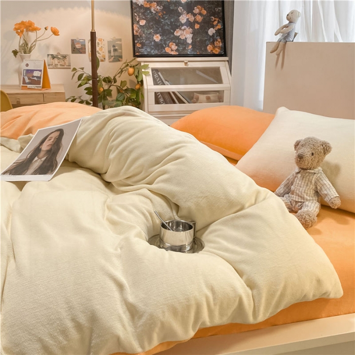 91家纺网 家纺一手货源 找家纺 古吉梦2022款+纯色双拼牛奶绒四件套双拼牛奶绒-奶黄+橘黄