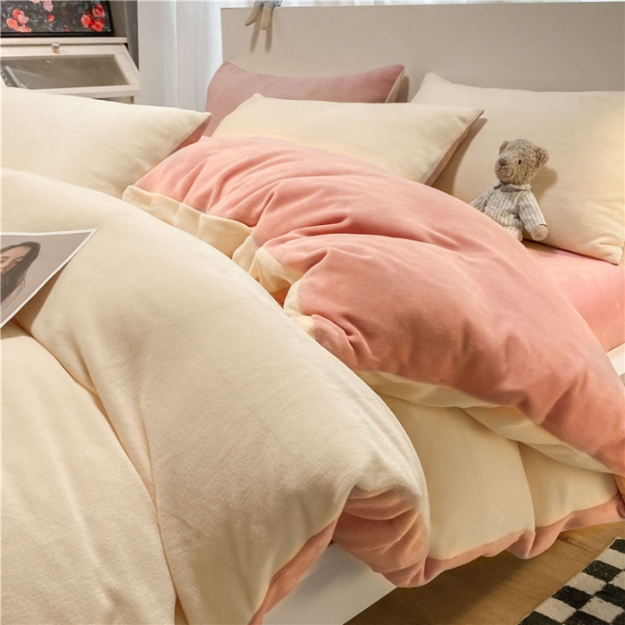 91家纺网 家纺一手货源 找家纺 古吉梦 2022纯色双拼牛奶绒四件套 双拼牛奶绒-奶黄+藕粉