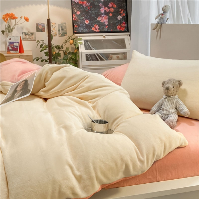 91家纺网 家纺一手货源 找家纺 古吉梦 2022纯色双拼牛奶绒四件套 双拼牛奶绒-奶黄+藕粉
