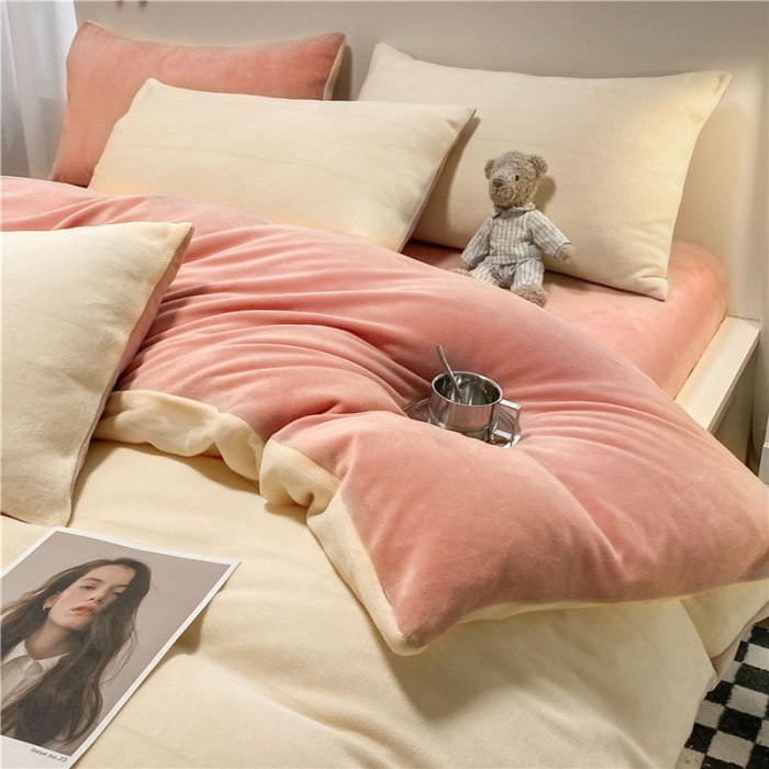 91家纺网 家纺一手货源 找家纺 古吉梦 2022纯色双拼牛奶绒四件套 双拼牛奶绒-奶黄+藕粉