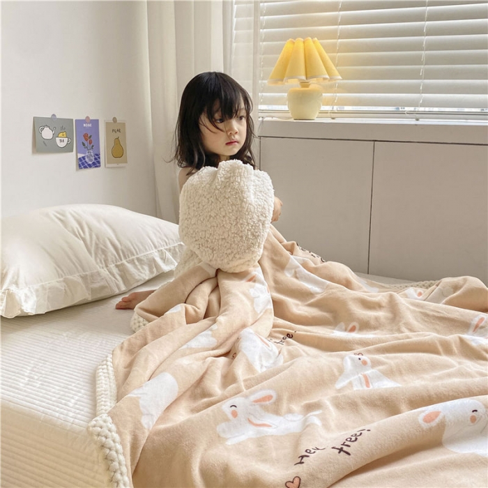 91家纺网 家纺一手货源 找家纺 古吉梦2022新款+牛奶绒+羊羔绒双层毯 咪兔