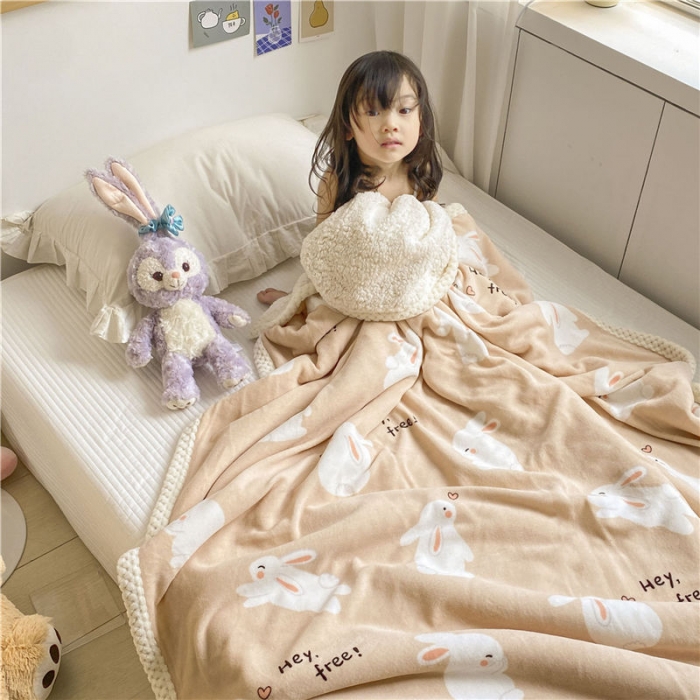 91家纺网 家纺一手货源 找家纺 古吉梦2022新款+牛奶绒+羊羔绒双层毯 咪兔