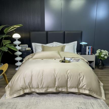 91家纺网 家纺一手货源 找家纺 薏思 2022新款 100支全棉纯色贡缎镂空四件套 卡瑞-卡其色