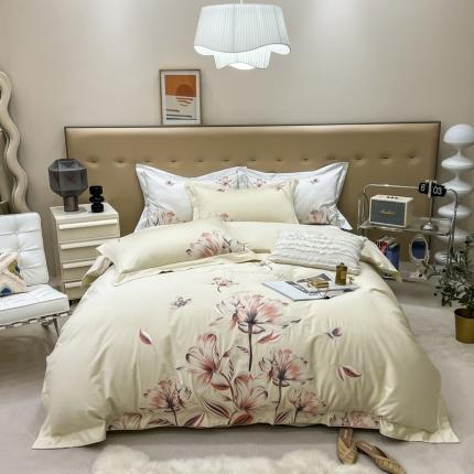 91家纺网 家纺一手货源 找家纺 薏思 2022新款 100支全棉贡缎刺绣四件套 落花-黄