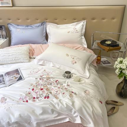 91家纺网 家纺一手货源 找家纺 薏思 2022新款 100支全棉贡缎刺绣四件套 慕斯