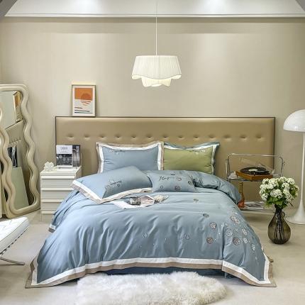 91家纺网 家纺一手货源 找家纺 薏思 2022新款 100支全棉贡缎刺绣四件套 如梦-蓝