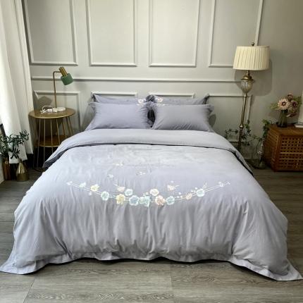 91家纺网 家纺一手货源 找家纺 （总）薏思 2022新款60长绒棉纯色宽边刺绣四件套