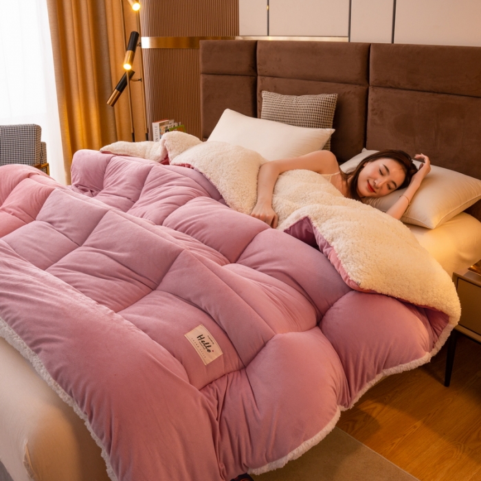 91家纺网 家纺一手货源 找家纺 梦恬佳 2022新款牛奶绒羊羔绒冬被被子被芯 豆沙粉