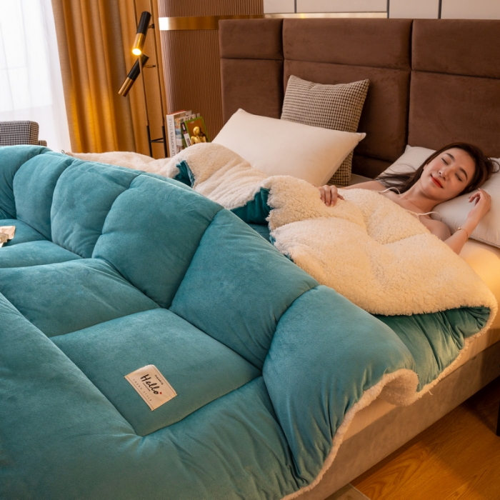 91家纺网 家纺一手货源 找家纺 梦恬佳 2022新款牛奶绒羊羔绒冬被被子被芯 湖蓝色