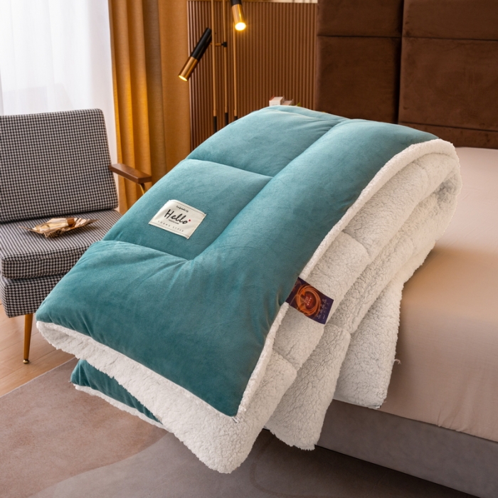 91家纺网 家纺一手货源 找家纺 梦恬佳 2022新款牛奶绒羊羔绒冬被被子被芯 湖蓝色