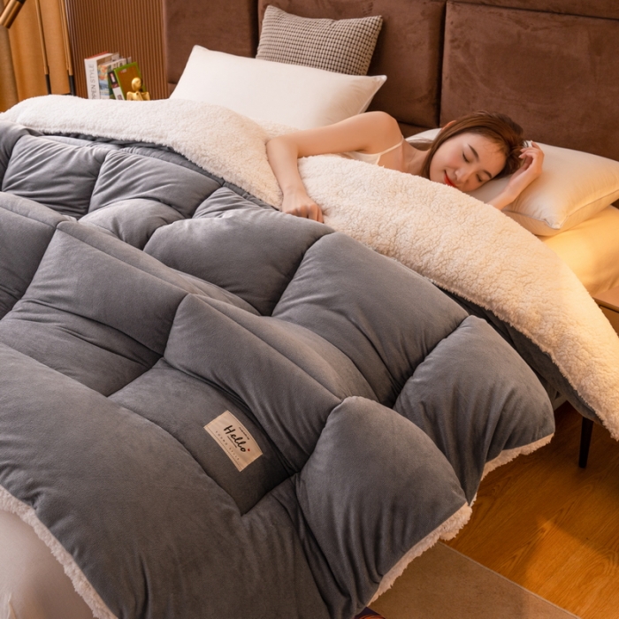 91家纺网 家纺一手货源 找家纺 梦恬佳 2022新款牛奶绒羊羔绒冬被被子被芯 简约灰