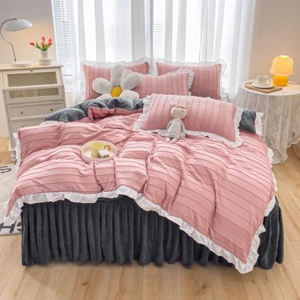 91家纺网 家纺一手货源 找家纺 绒兔兔 2022新款立体剪花牛奶绒四件套 豆沙粉