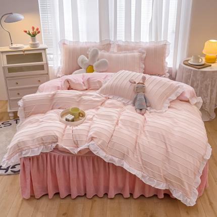 91家纺网 家纺一手货源 找家纺 绒兔兔 2022新款立体剪花牛奶绒四件套 蔷薇粉