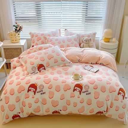 91家纺网 家纺一手货源 找家纺 兄弟坊 2022新款牛奶绒印花四件套-快乐女孩