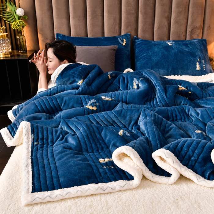 91家纺网 家纺一手货源 找家纺 圣楚 2024双面绒羊羔绒牛奶绒毛毯多功能午睡毯盖毯直播 暖绒毯蓝