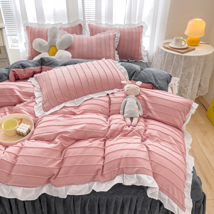 91家纺网 家纺一手货源 找家纺 绒兔兔 2022新款立体剪花牛奶绒四件套 豆沙粉