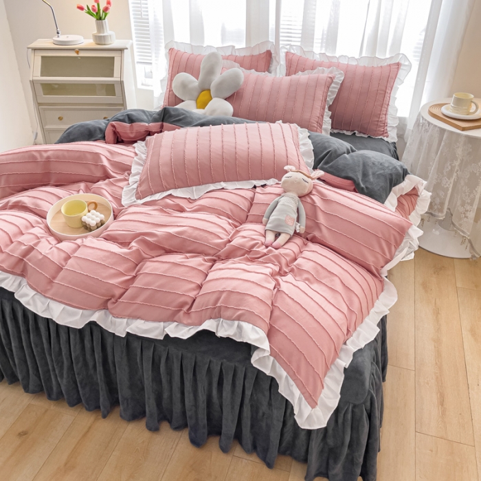 91家纺网 家纺一手货源 找家纺 绒兔兔 2022新款立体剪花牛奶绒四件套 豆沙粉