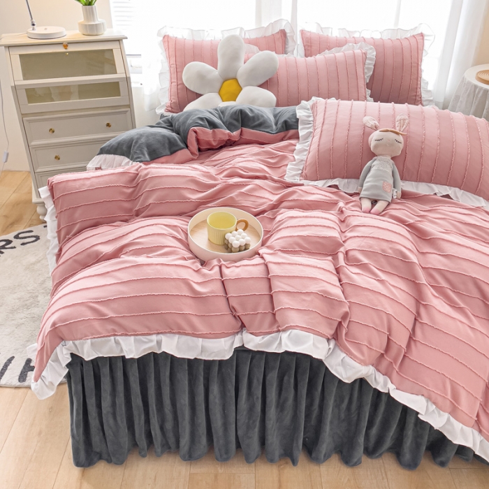 91家纺网 家纺一手货源 找家纺 绒兔兔 2022新款立体剪花牛奶绒四件套 豆沙粉