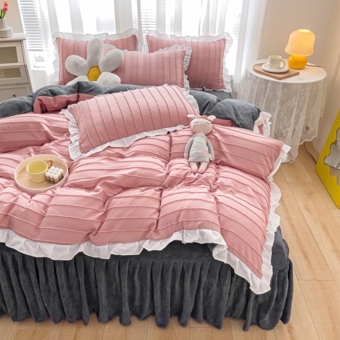 91家纺网 家纺一手货源 找家纺 绒兔兔 2022新款立体剪花牛奶绒四件套 豆沙粉