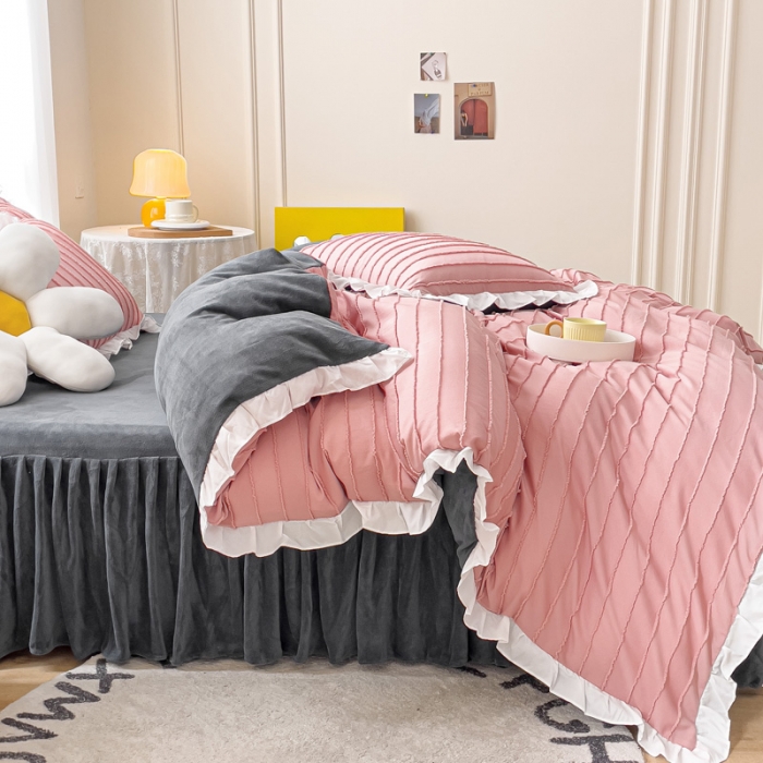 91家纺网 家纺一手货源 找家纺 绒兔兔 2022新款立体剪花牛奶绒四件套 豆沙粉