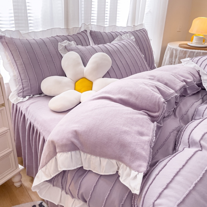 91家纺网 家纺一手货源 找家纺 绒兔兔 2022新款立体剪花牛奶绒四件套 华丽紫