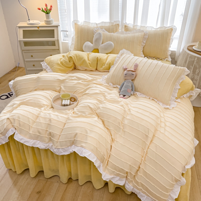 91家纺网 家纺一手货源 找家纺 绒兔兔 2022新款立体剪花牛奶绒四件套 奶黄